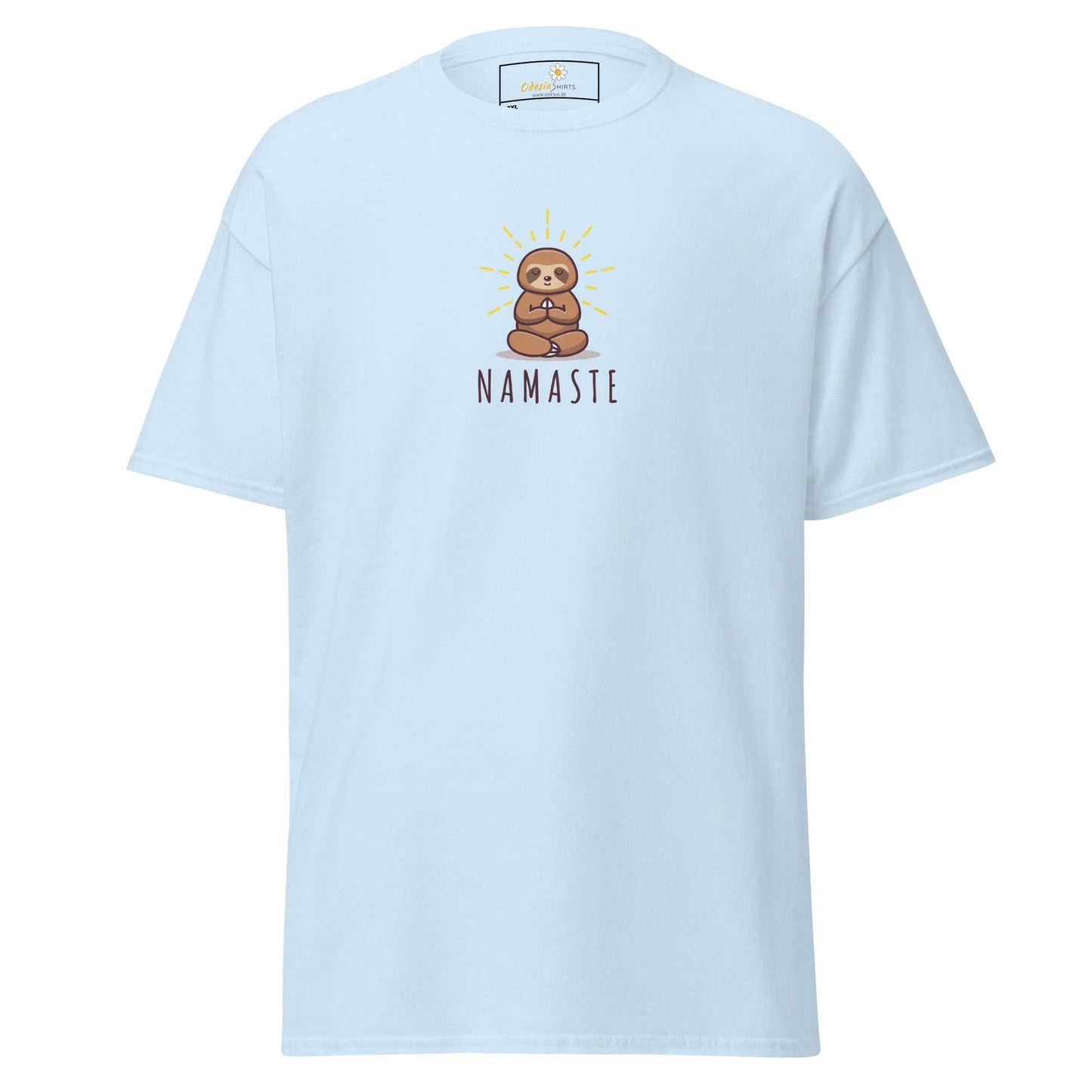 Light blue t-shirt with sloth design.