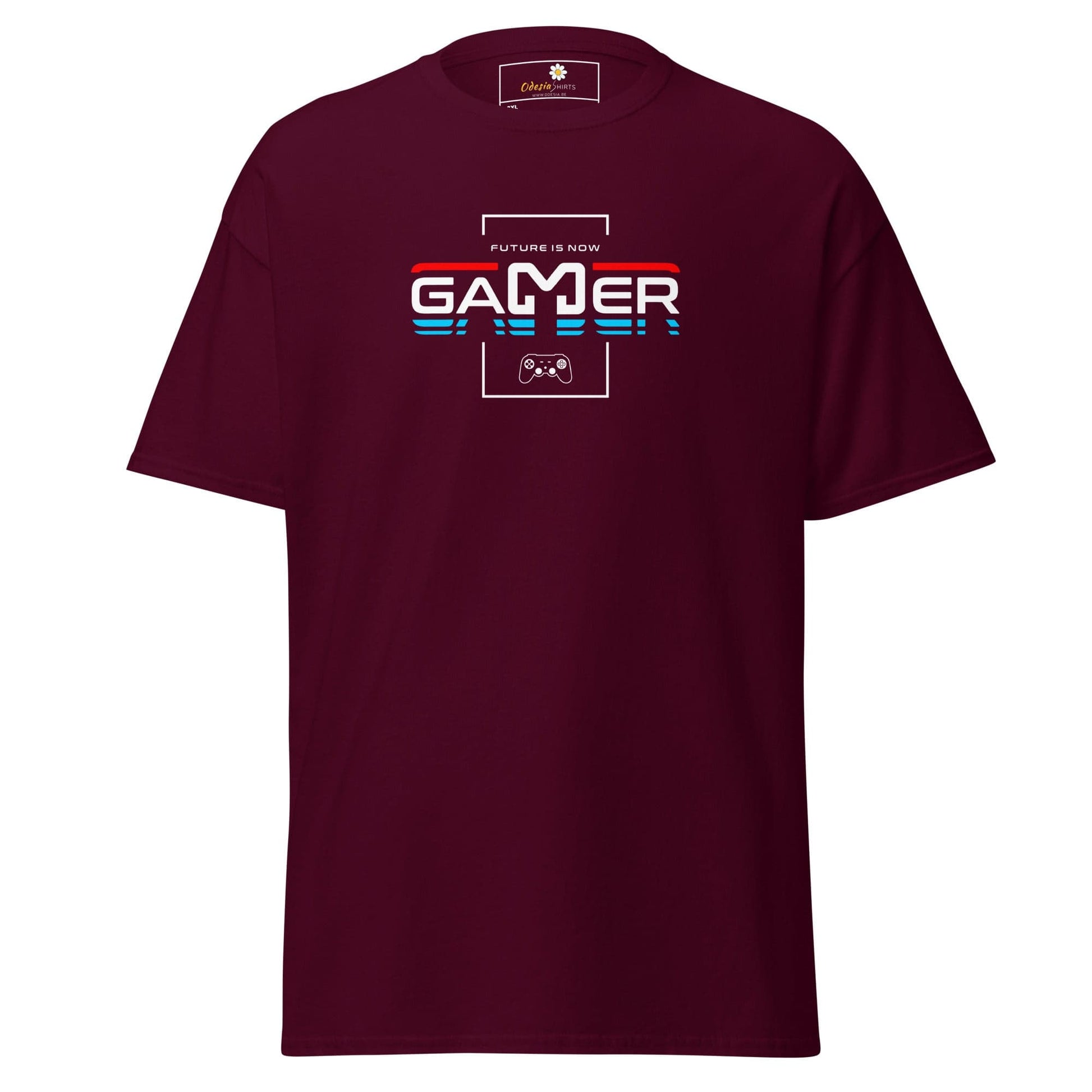 Maroon t-shirt with ’Gamer’ graphic.