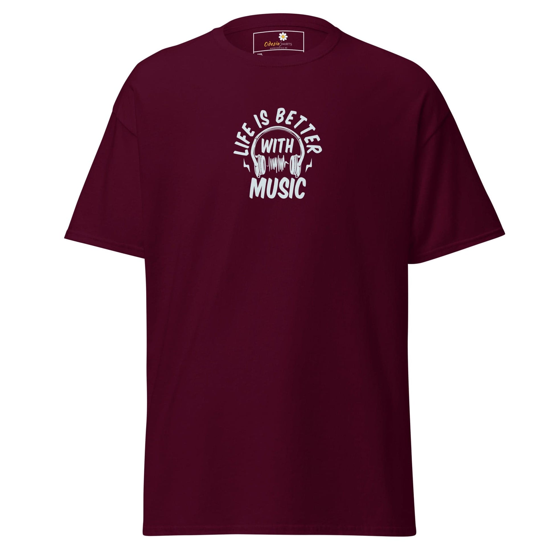 Maroon T-shirt with music graphic, suitable for men and women, available in 2XL to 5XL