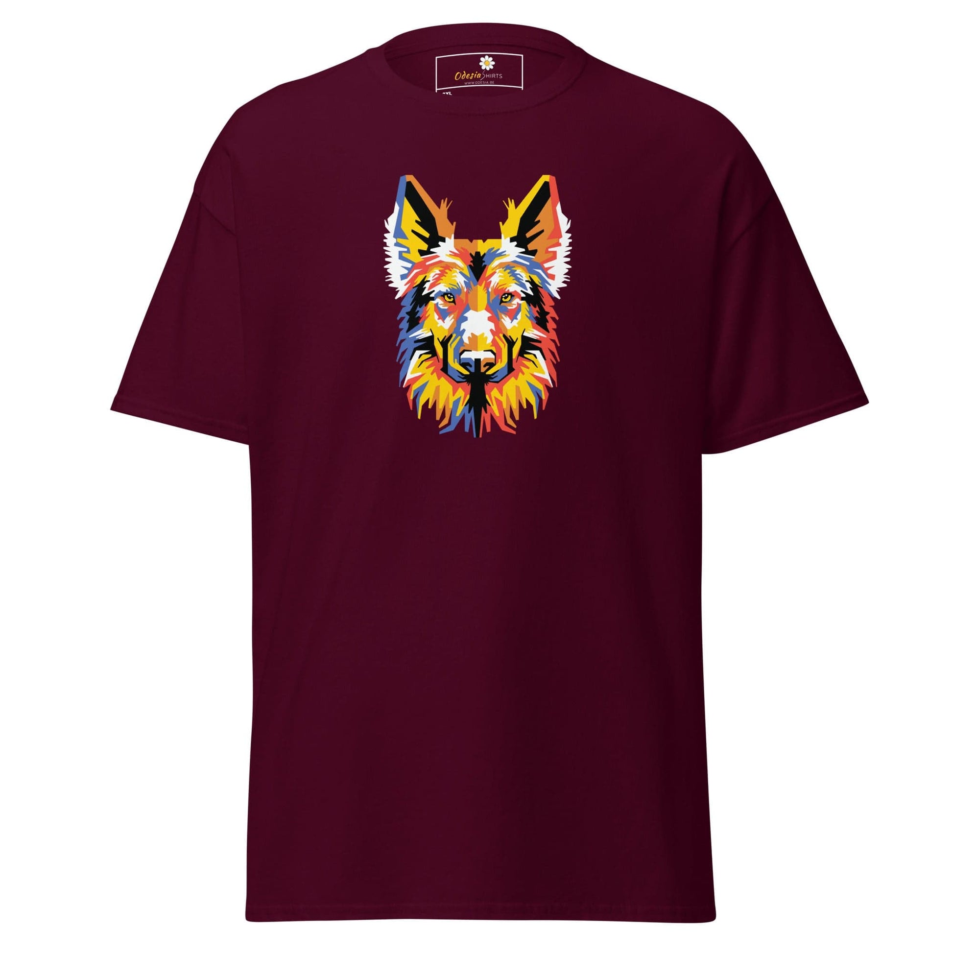 Maroon T-shirt with a colorful dog graphic, suitable for men and women in 2XL to 5XL