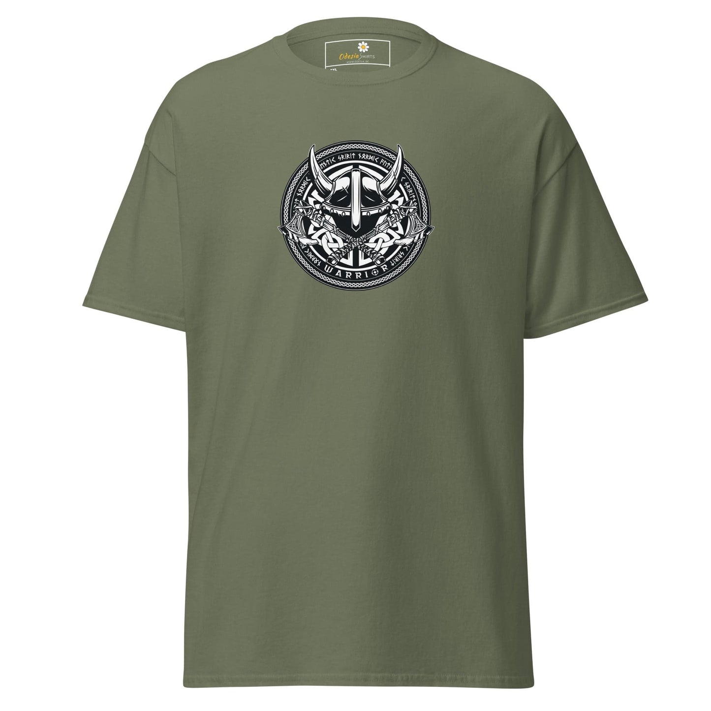 Olive green t-shirt with a circular Viking warrior graphic.