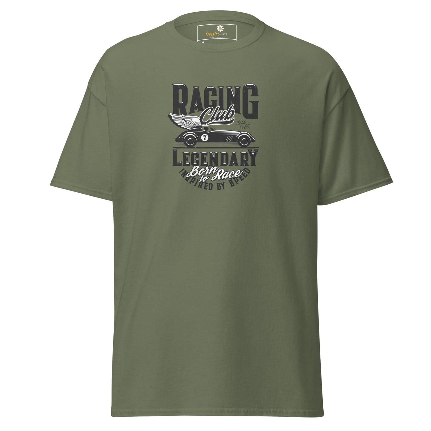 Olive green t-shirt with racing car graphic.