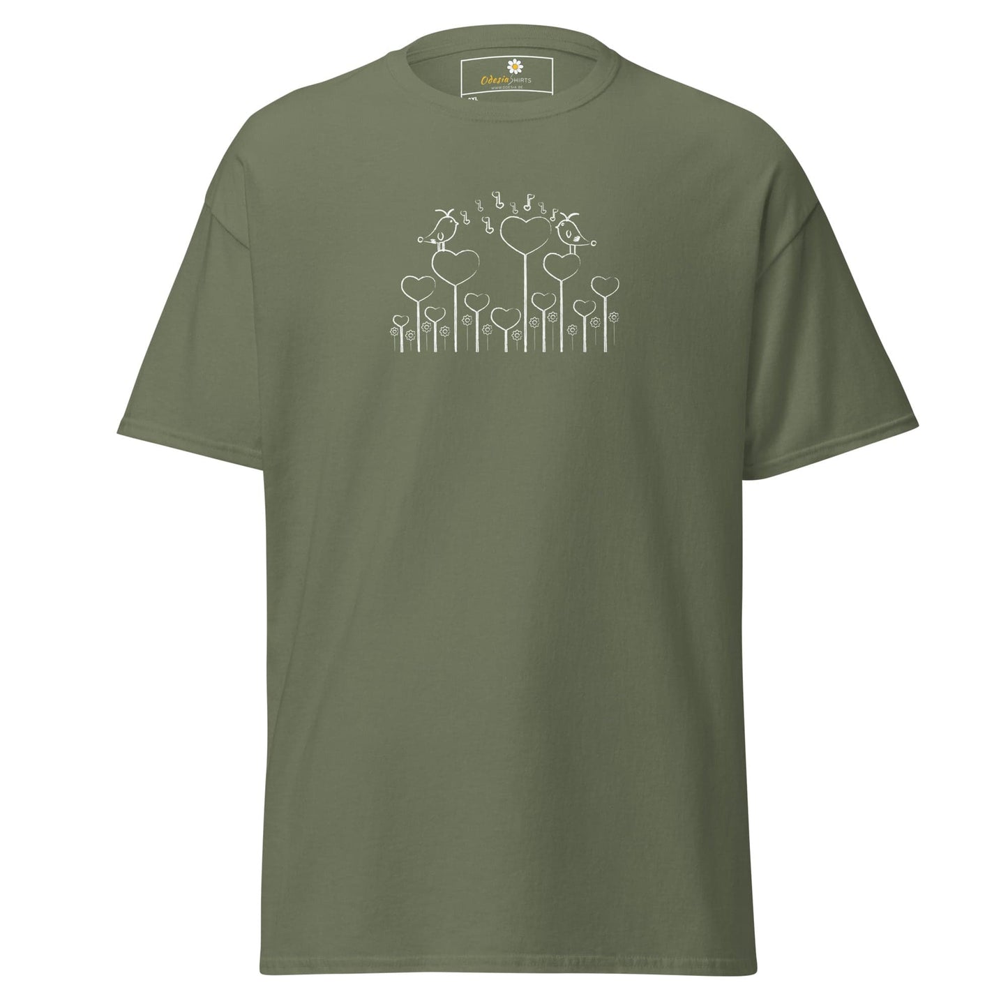 Olive green T-shirt with heart-shaped flower design for men and women in size 2XL to 5XL