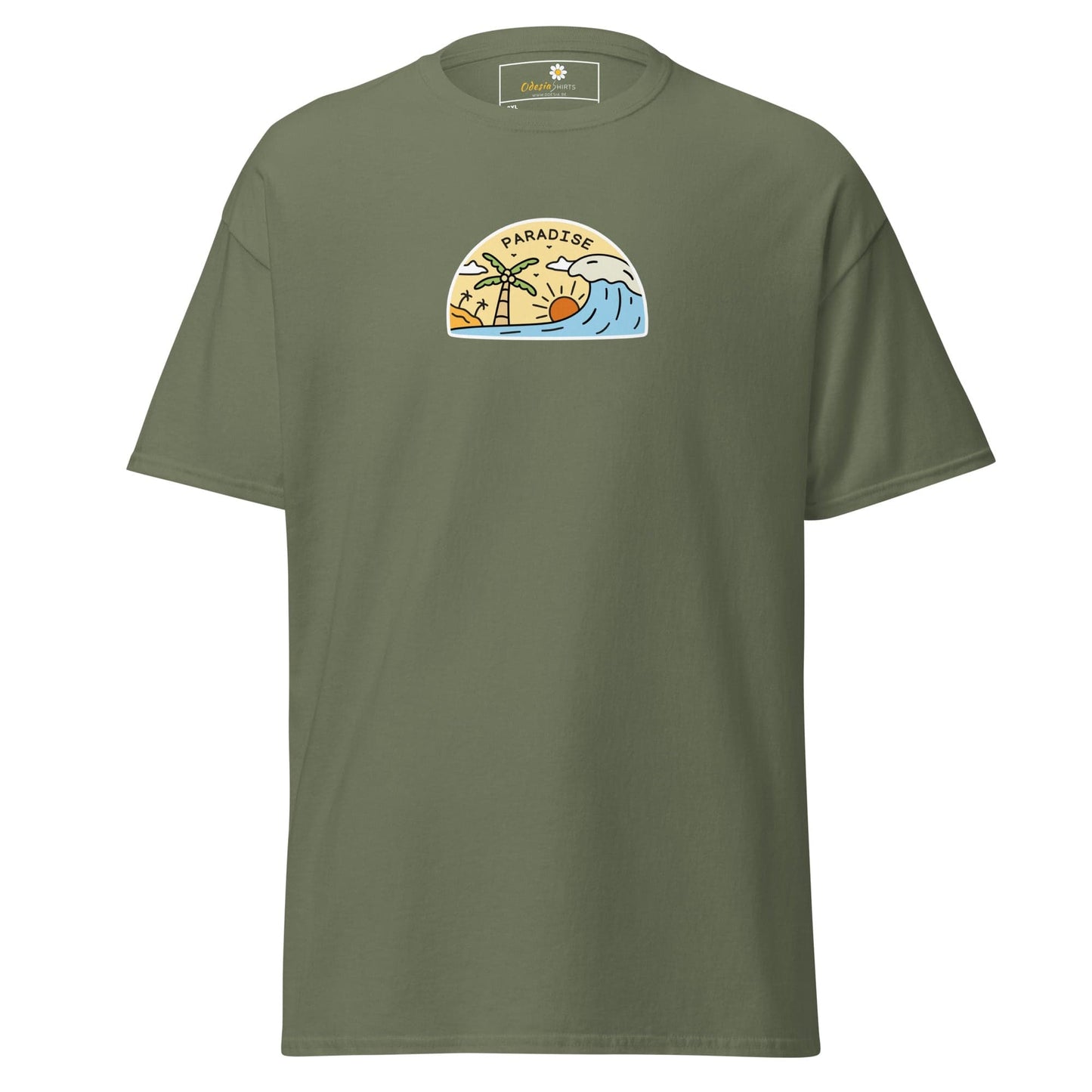Olive green t-shirt with a beach scene graphic.