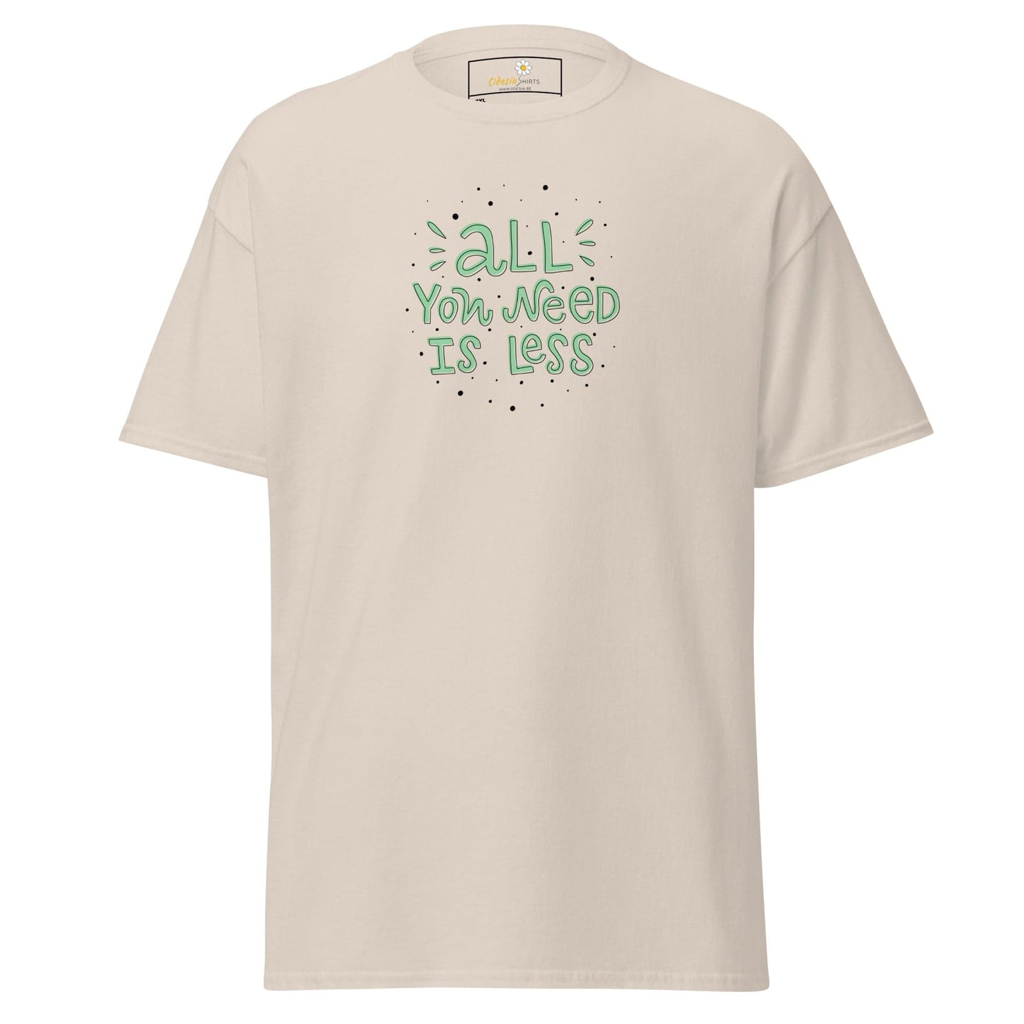 Beige T-shirt with green lettering from T-SHIRT DESIGN TEE for Men and Women in sizes 2XL to 5XL