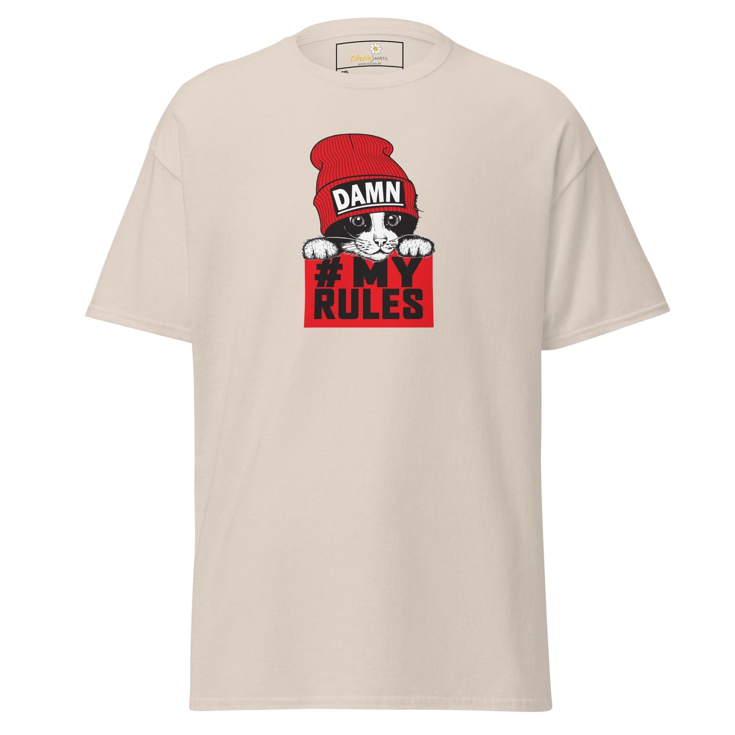 Beige t-shirt with cat graphic.