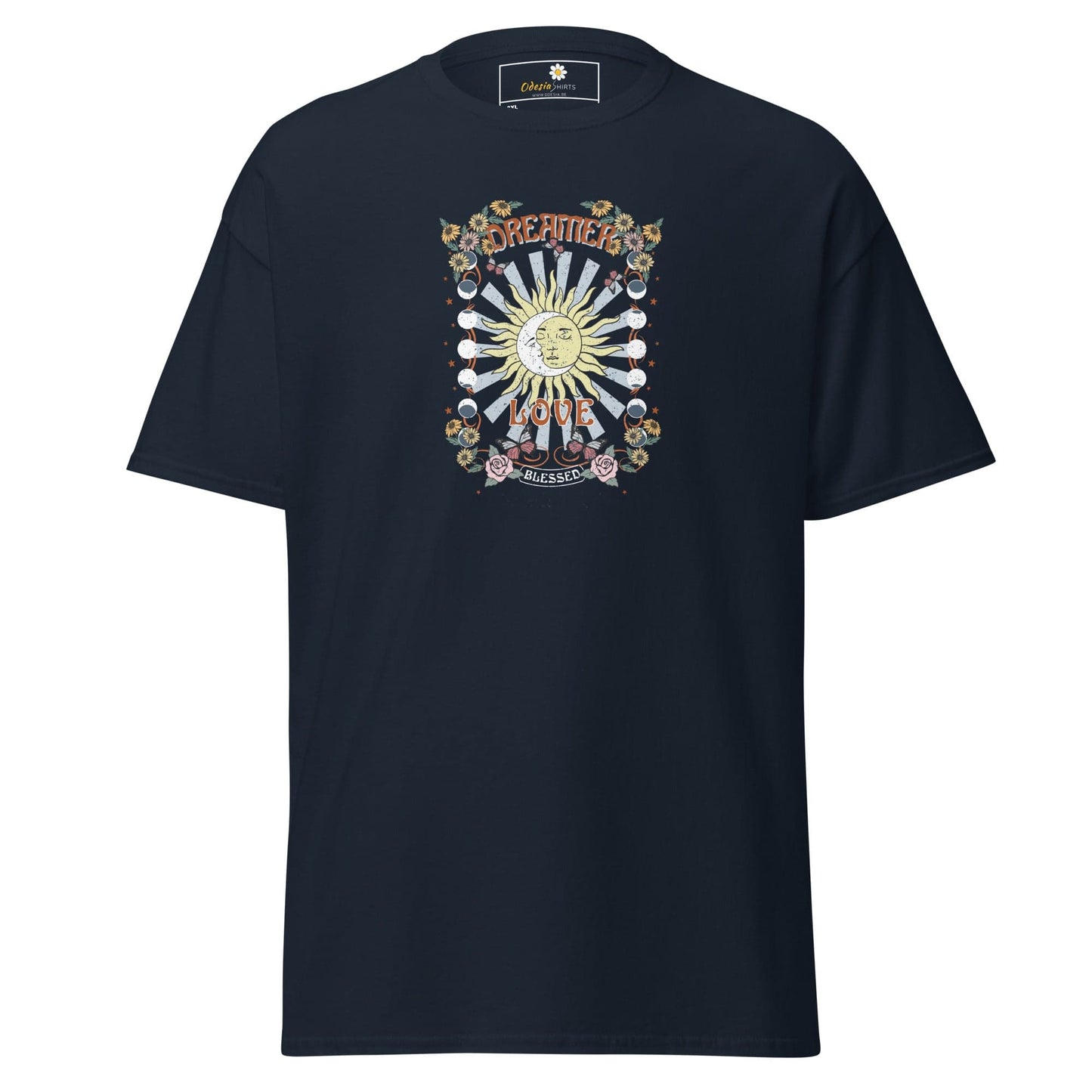 Navy blue t-shirt with sun graphic.