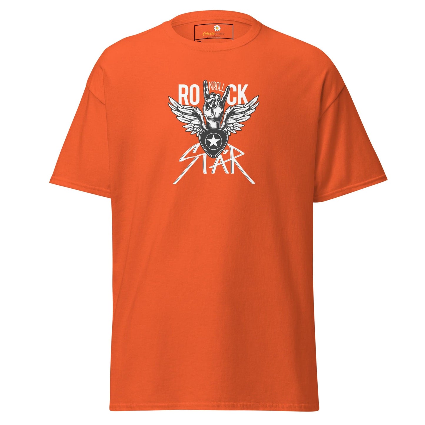 Orange T-shirt with rock star graphic shown in T-SHIRT DESIGN TEE for men and women