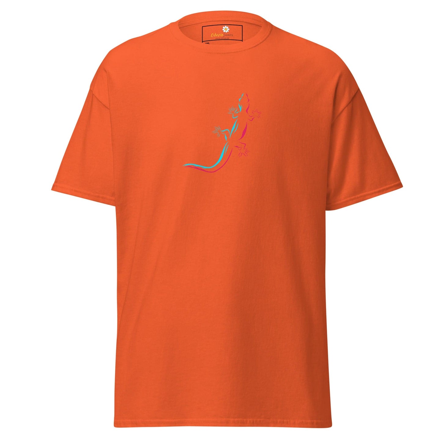 Orange t-shirt with abstract design.