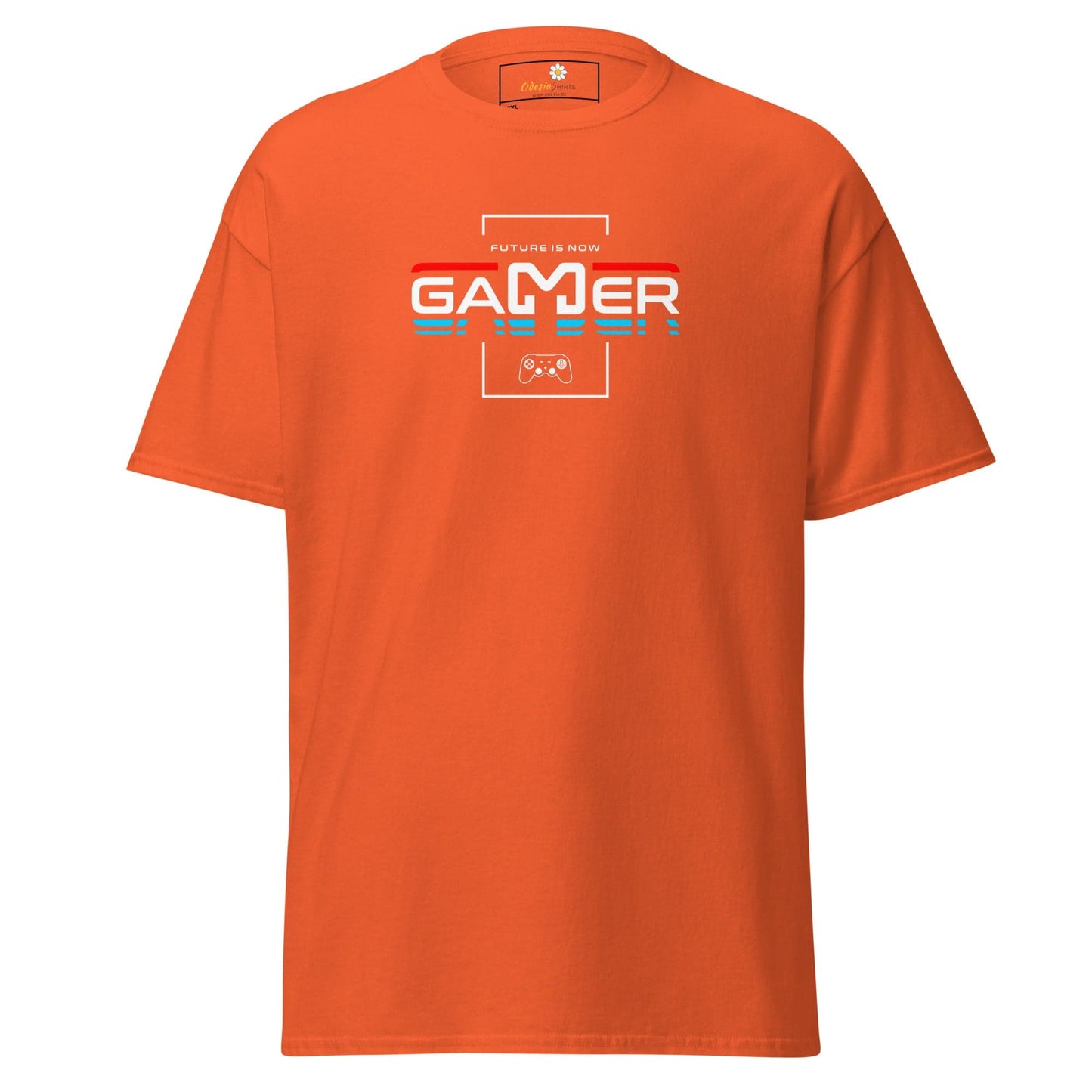 Orange t-shirt with gamer design.