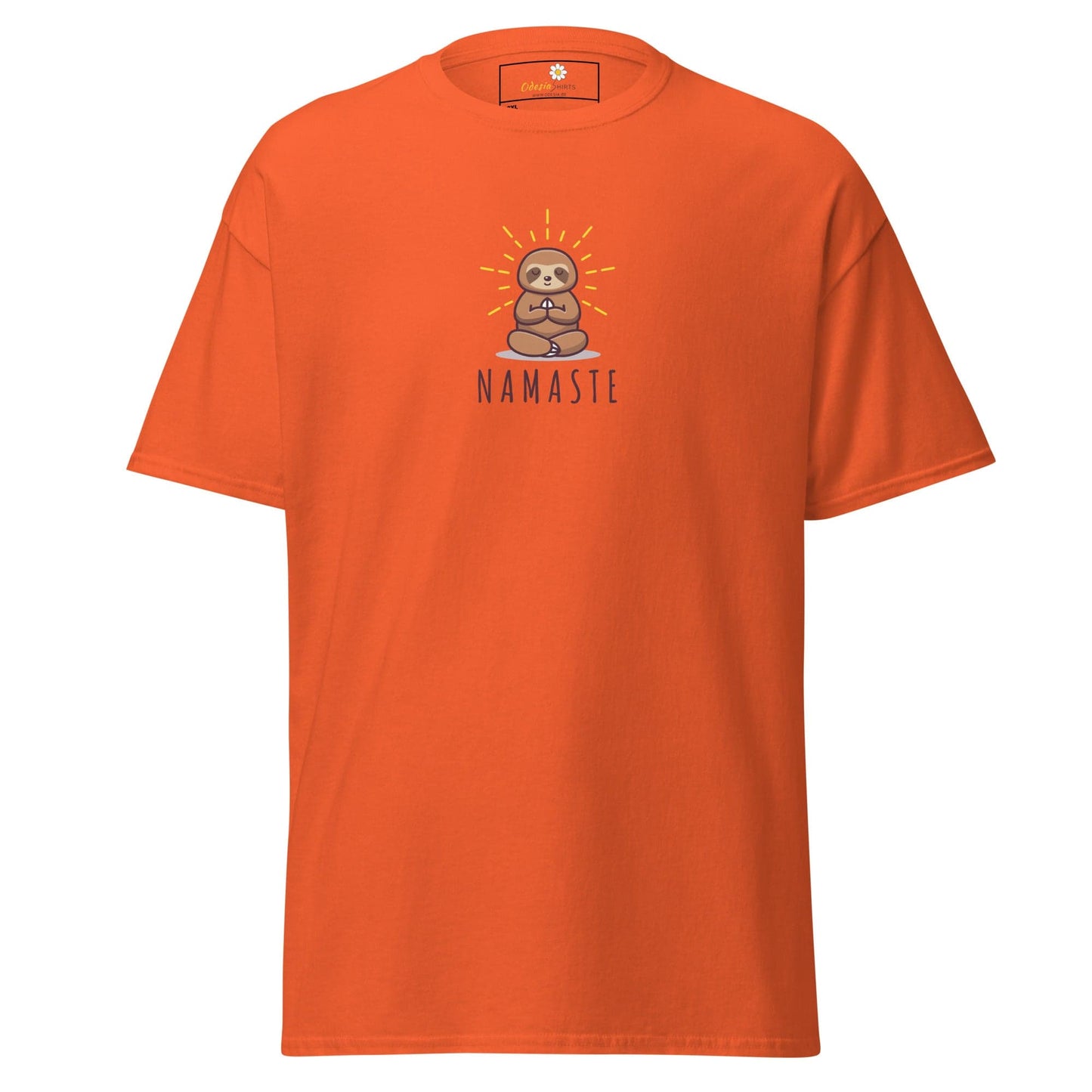 Orange t-shirt with sloth design.