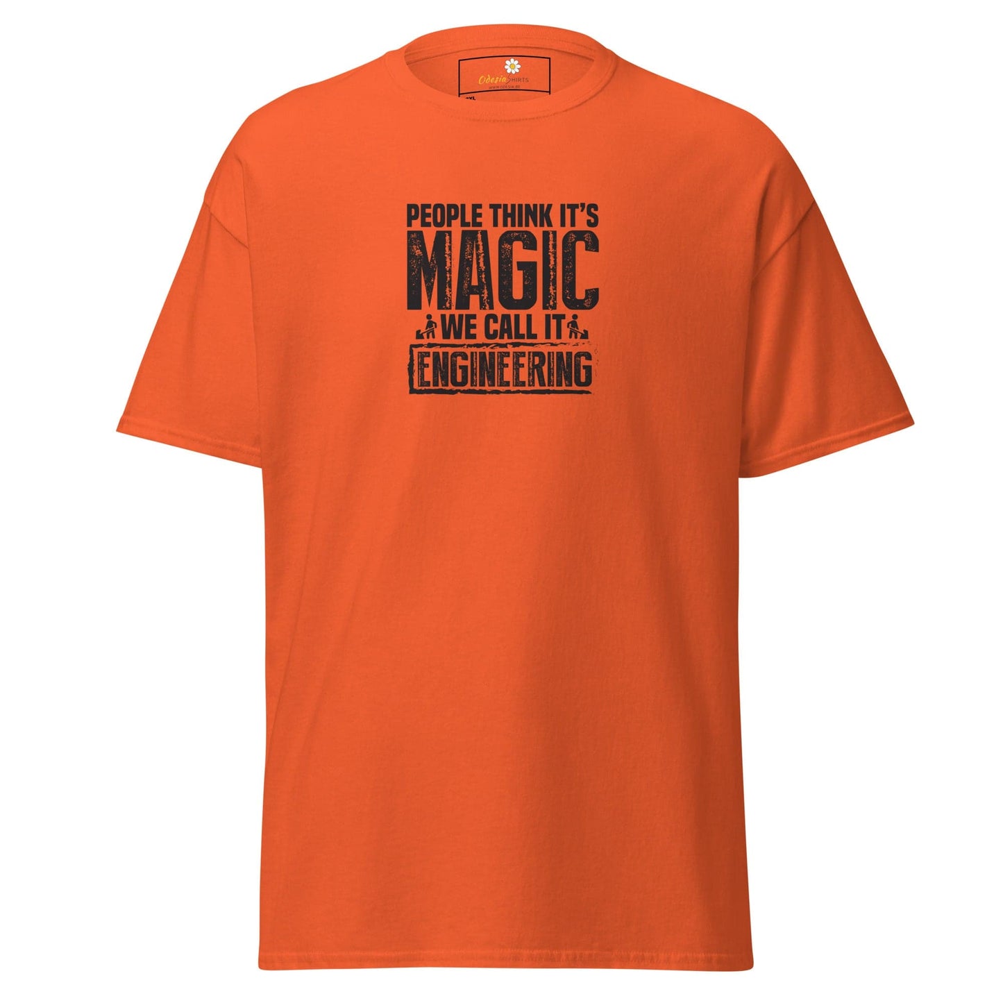 Orange t-shirt with engineering slogan.