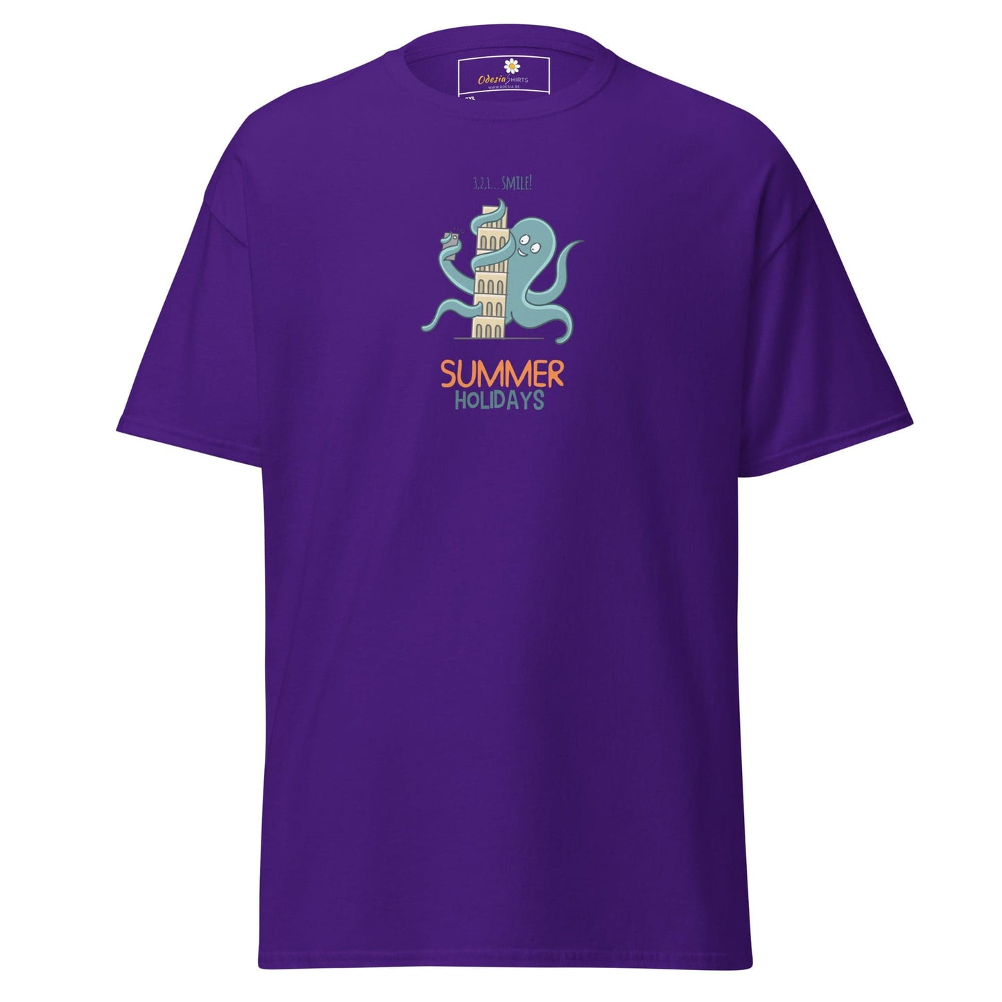 Purple t-shirt with octopus and tower graphic.