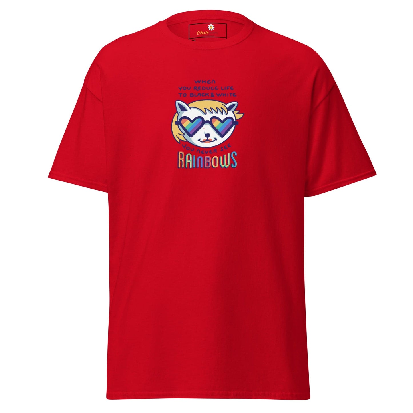 Red T-shirt with cartoon raccoon design, suitable for Men and Women in sizes 2XL to 5XL