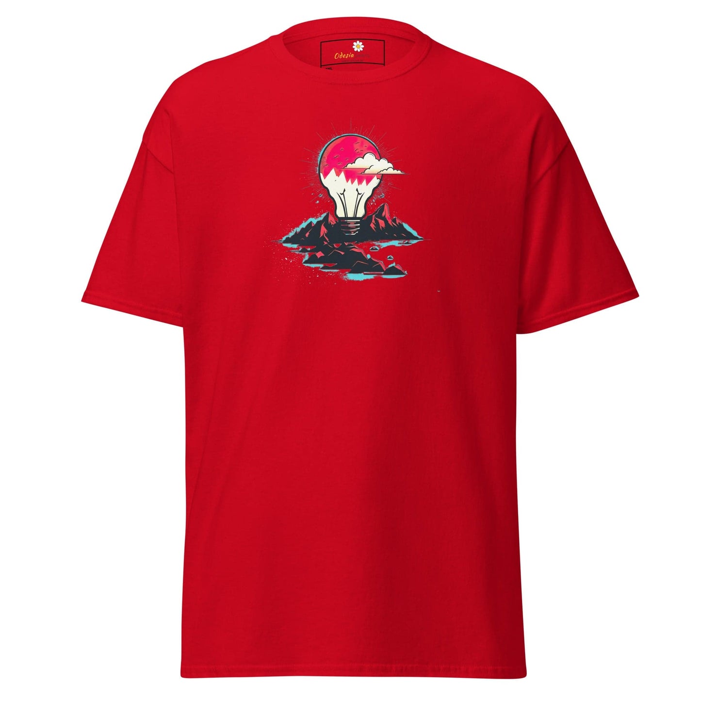 Red T-shirt with lightbulb design for men and women in sizes 2XL to 5XL