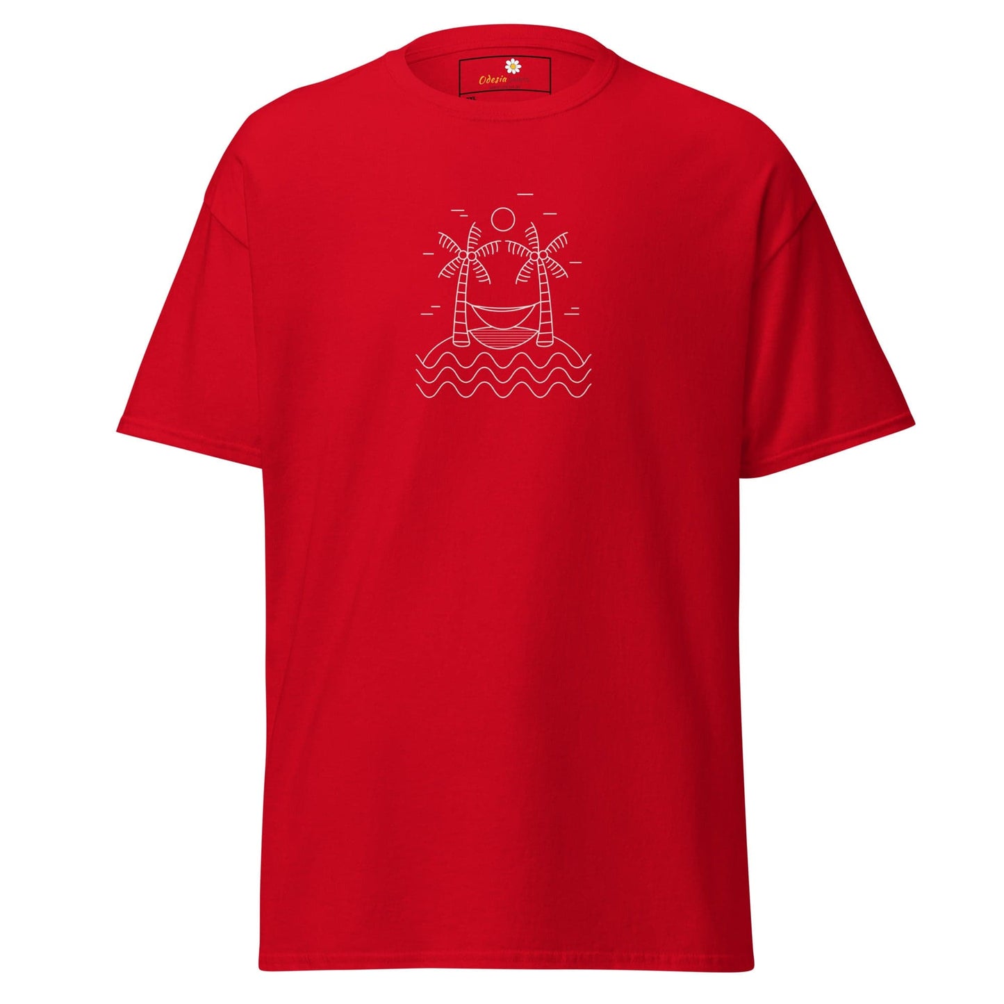 Red T-shirt with palm tree and hammock design for men and women in 2XL to 5XL sizes