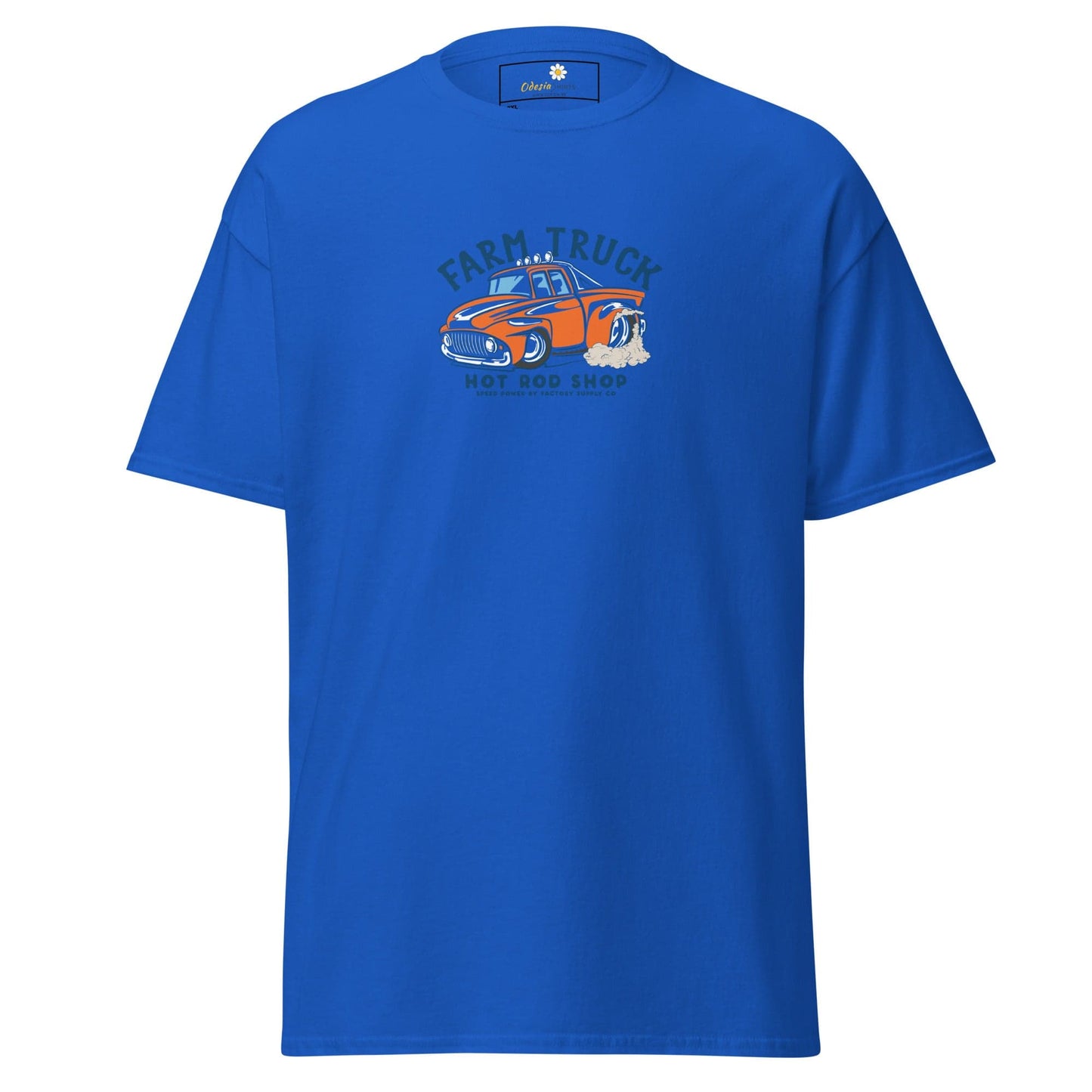 Blue t-shirt with truck graphic.