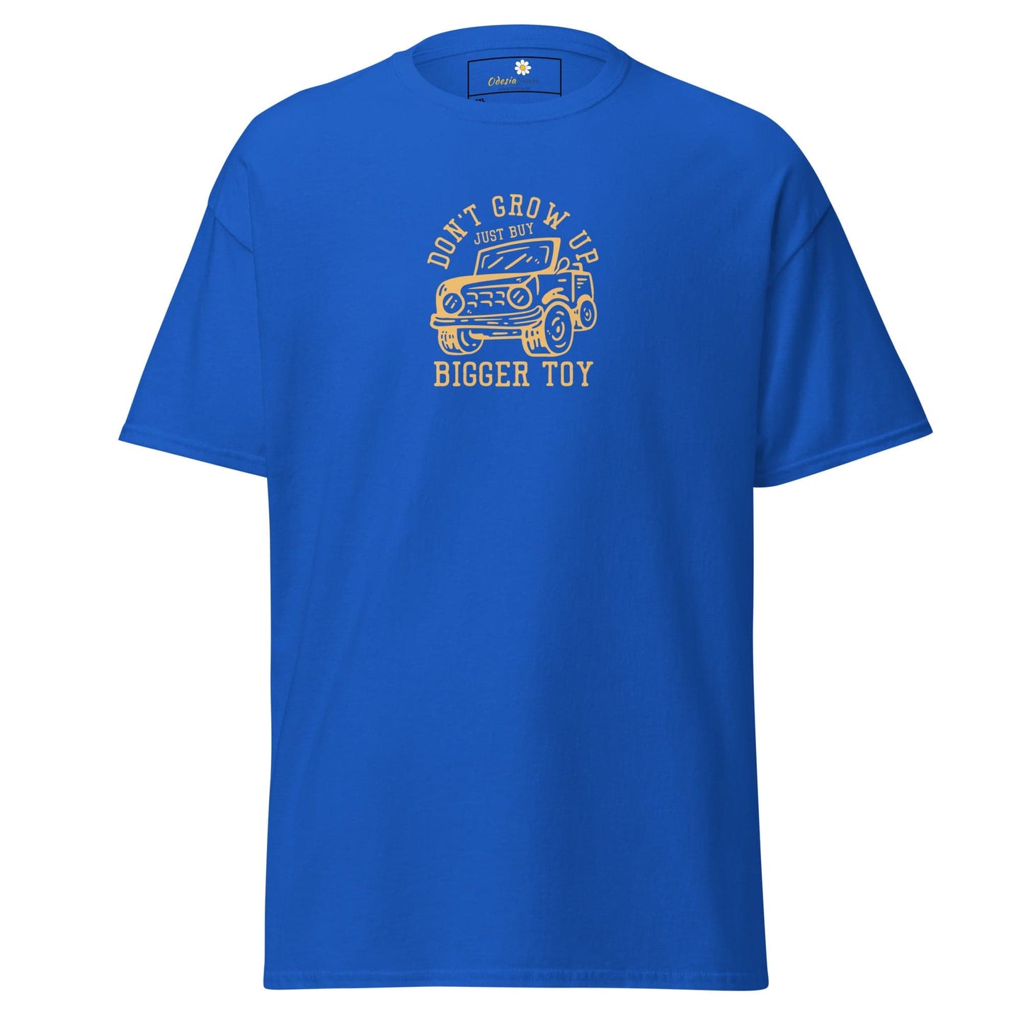 Blue t-shirt with a car graphic.