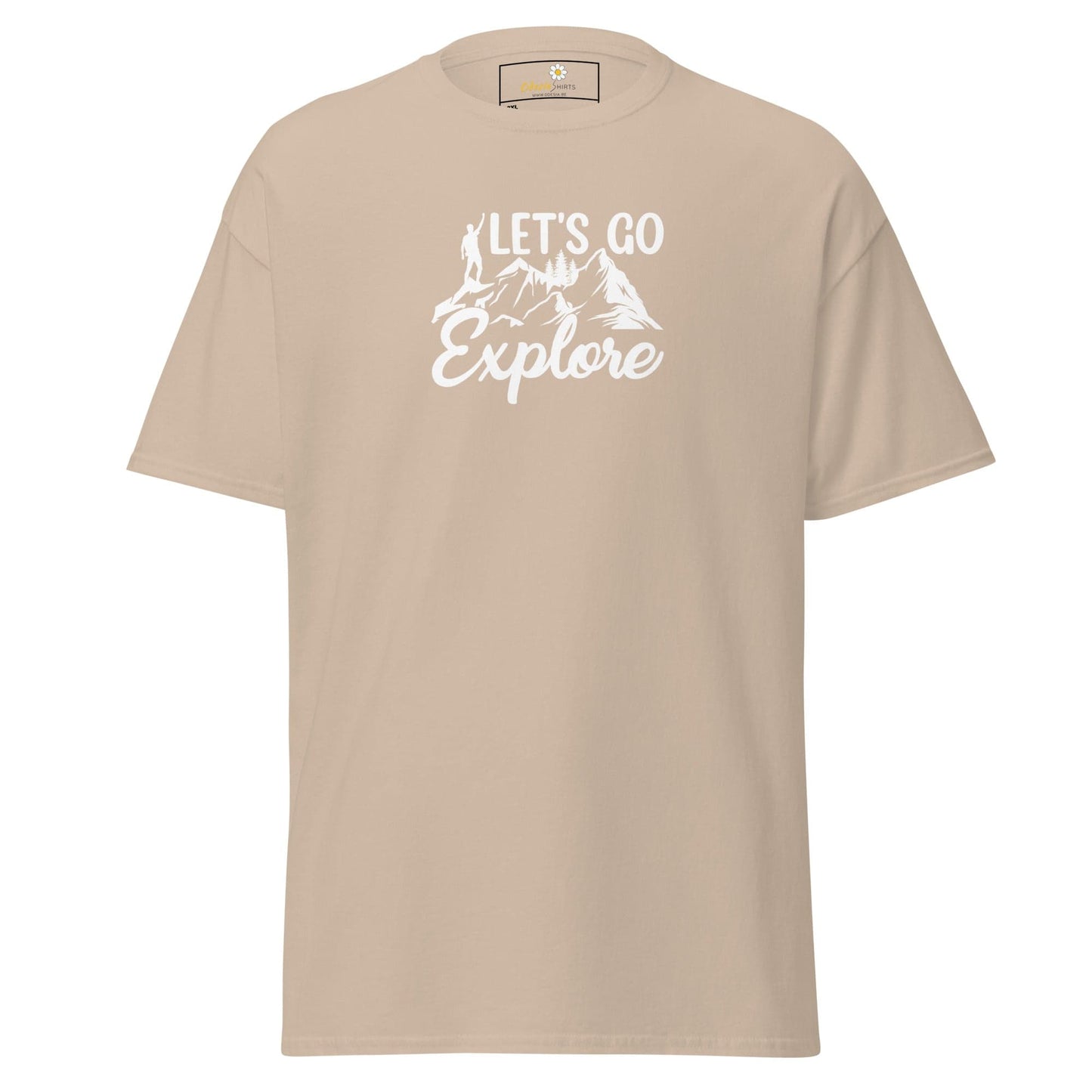 Beige T-shirt with Lets Go Explore graphic for Men and Women in sizes 2XL to 5XL