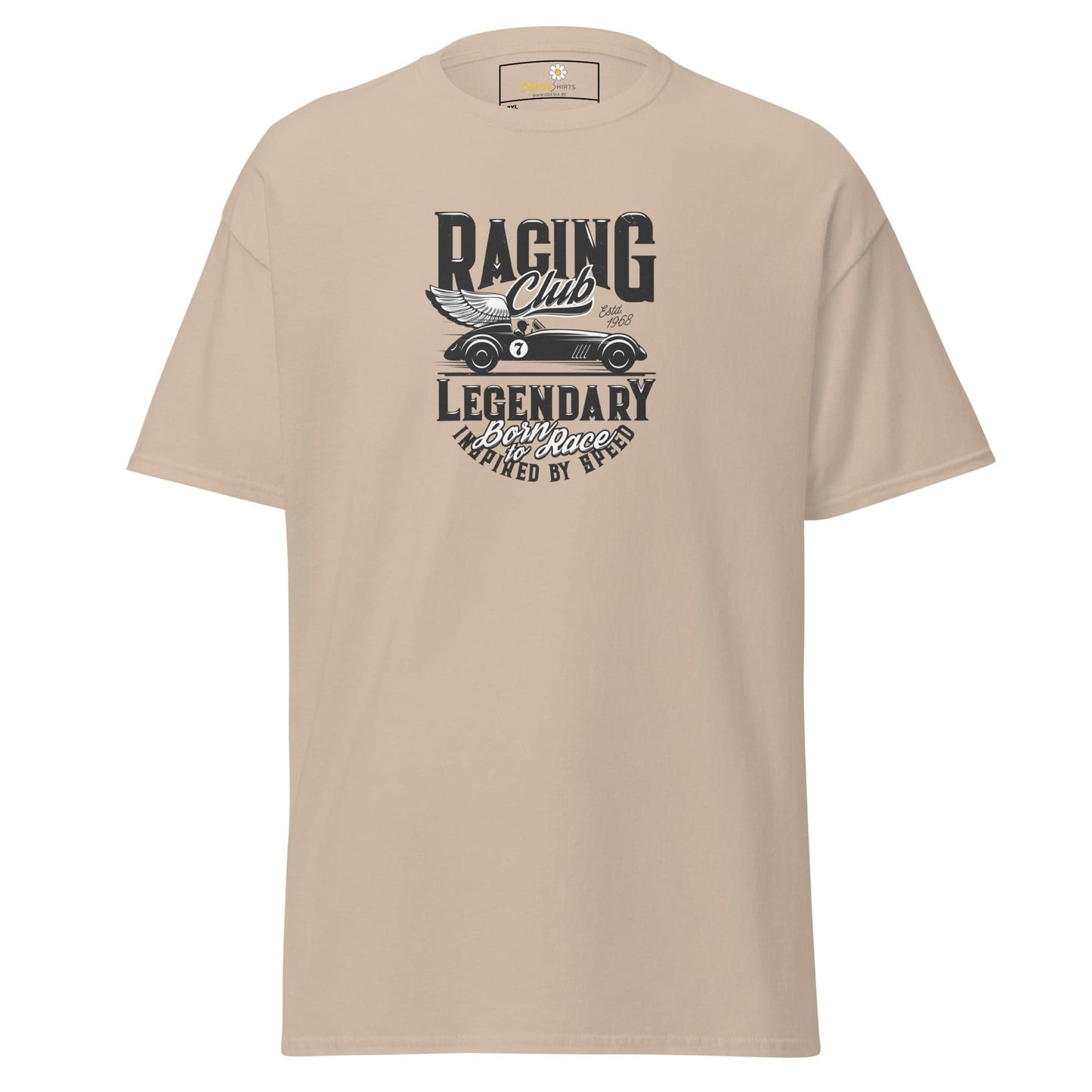 Beige t-shirt with racing car graphic.