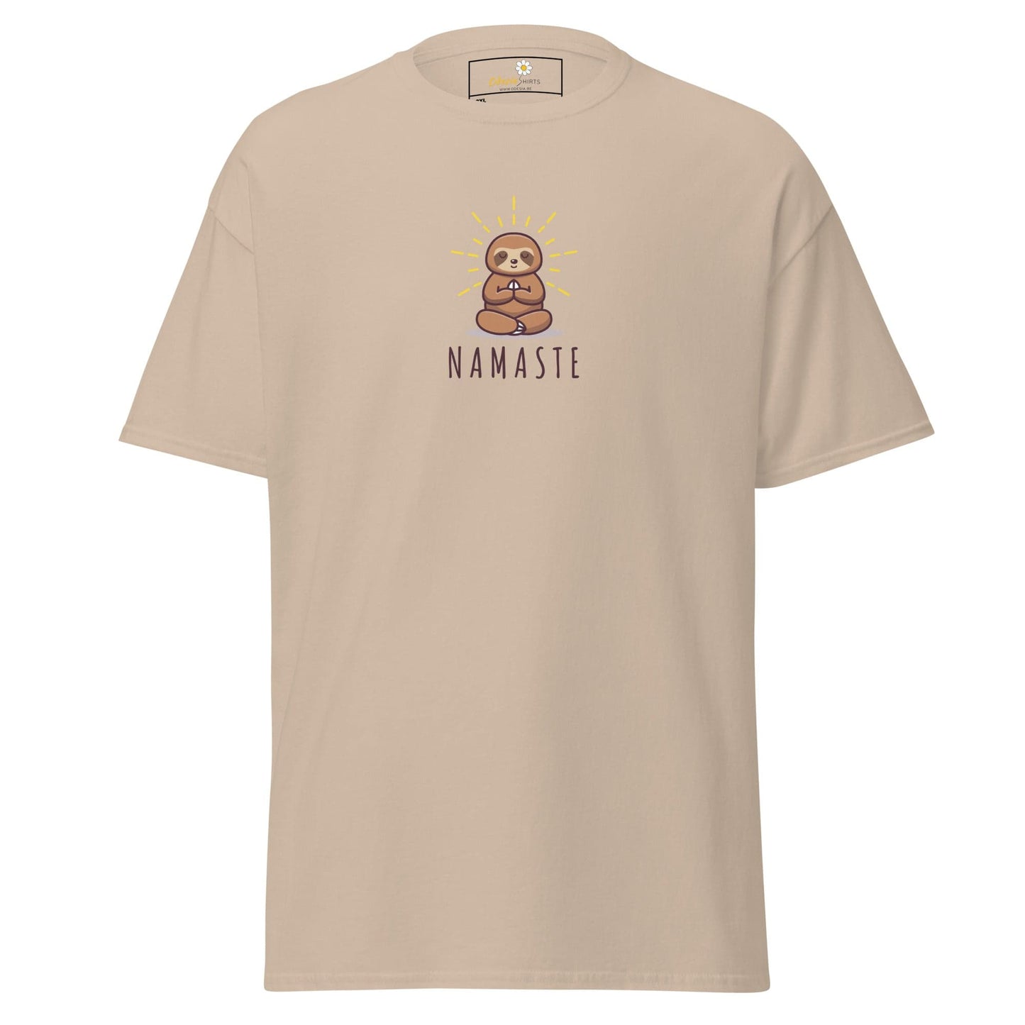 Beige t-shirt with sloth design.