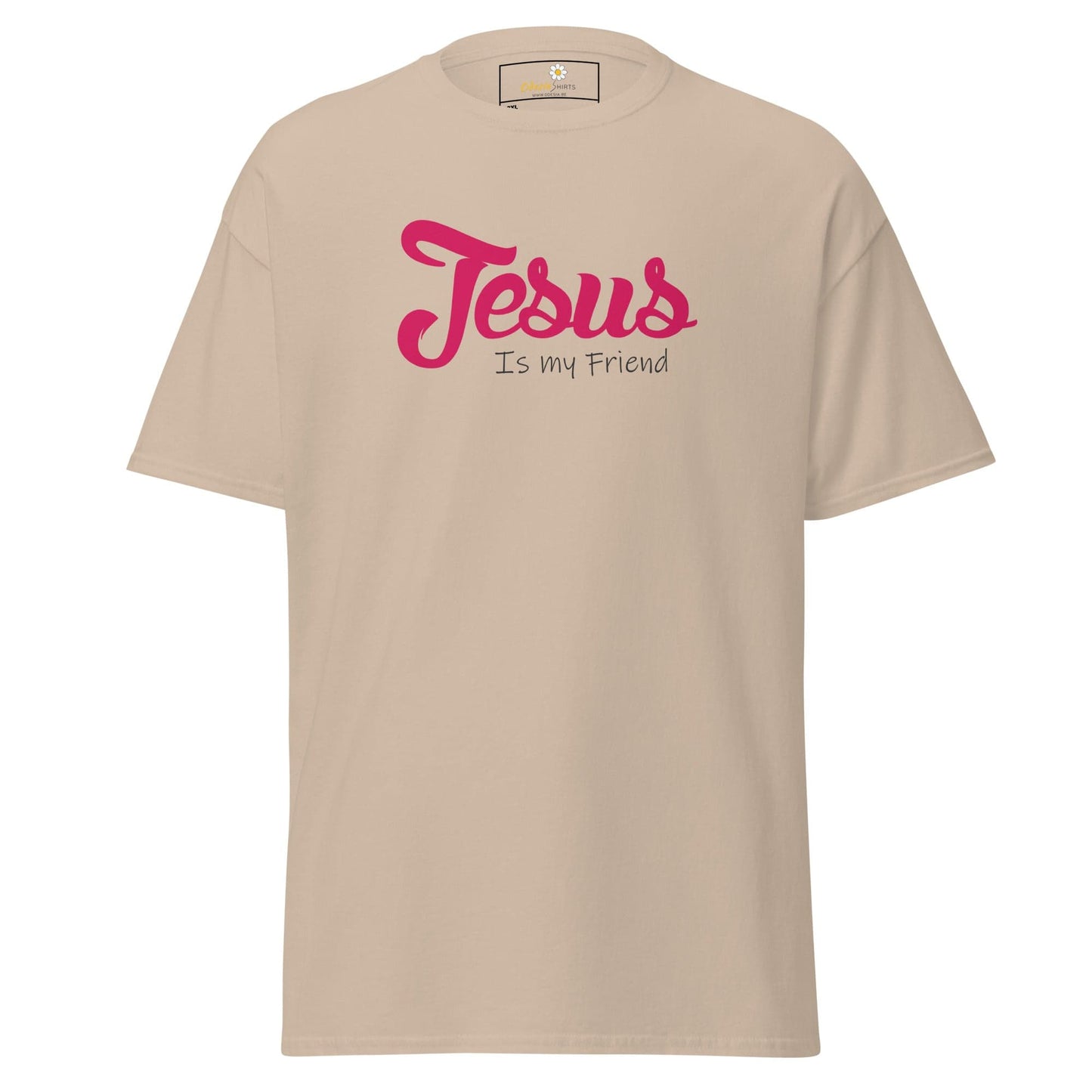 Beige t-shirt with pink text.