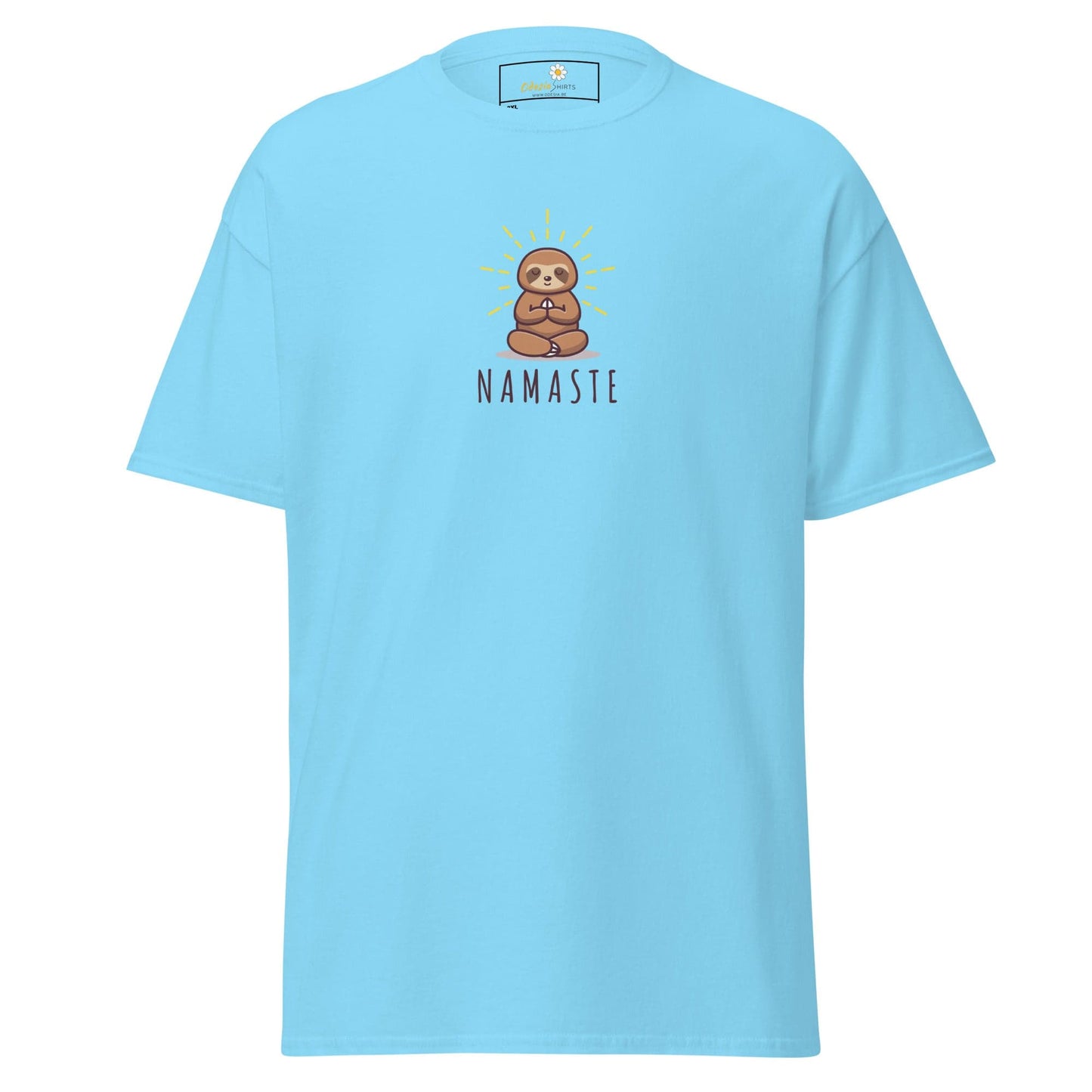Light blue t-shirt with sloth design.