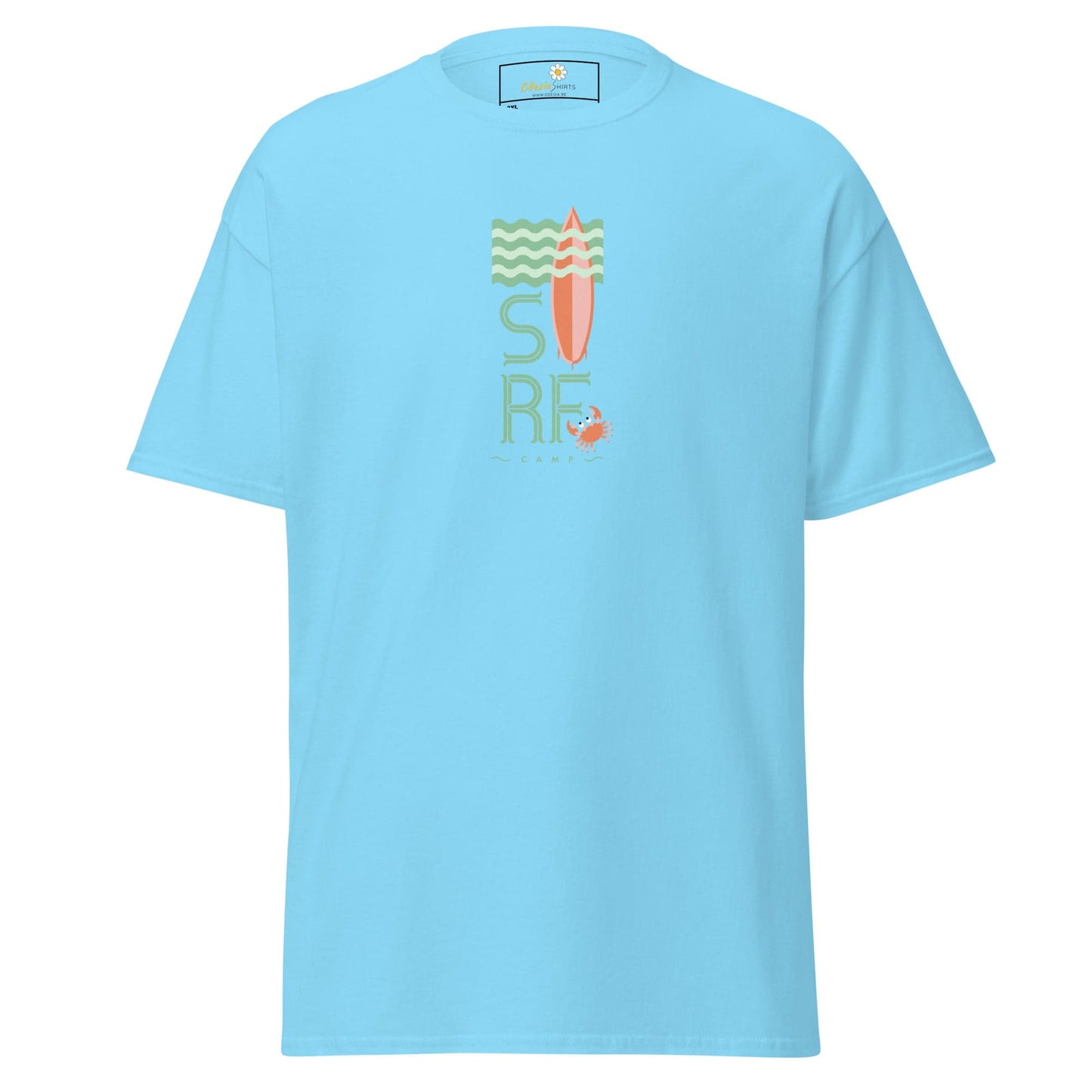 Light blue t-shirt with surf design.