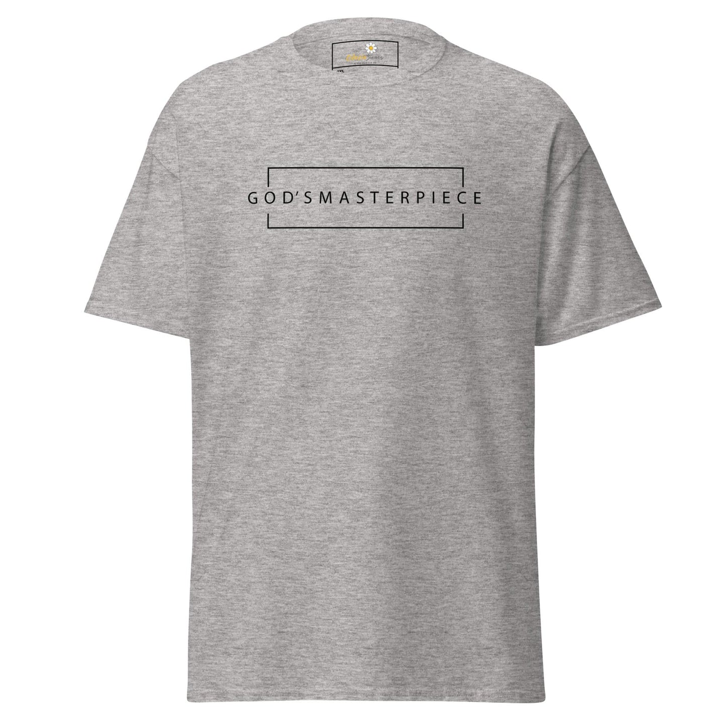 Gray t-shirt with text.