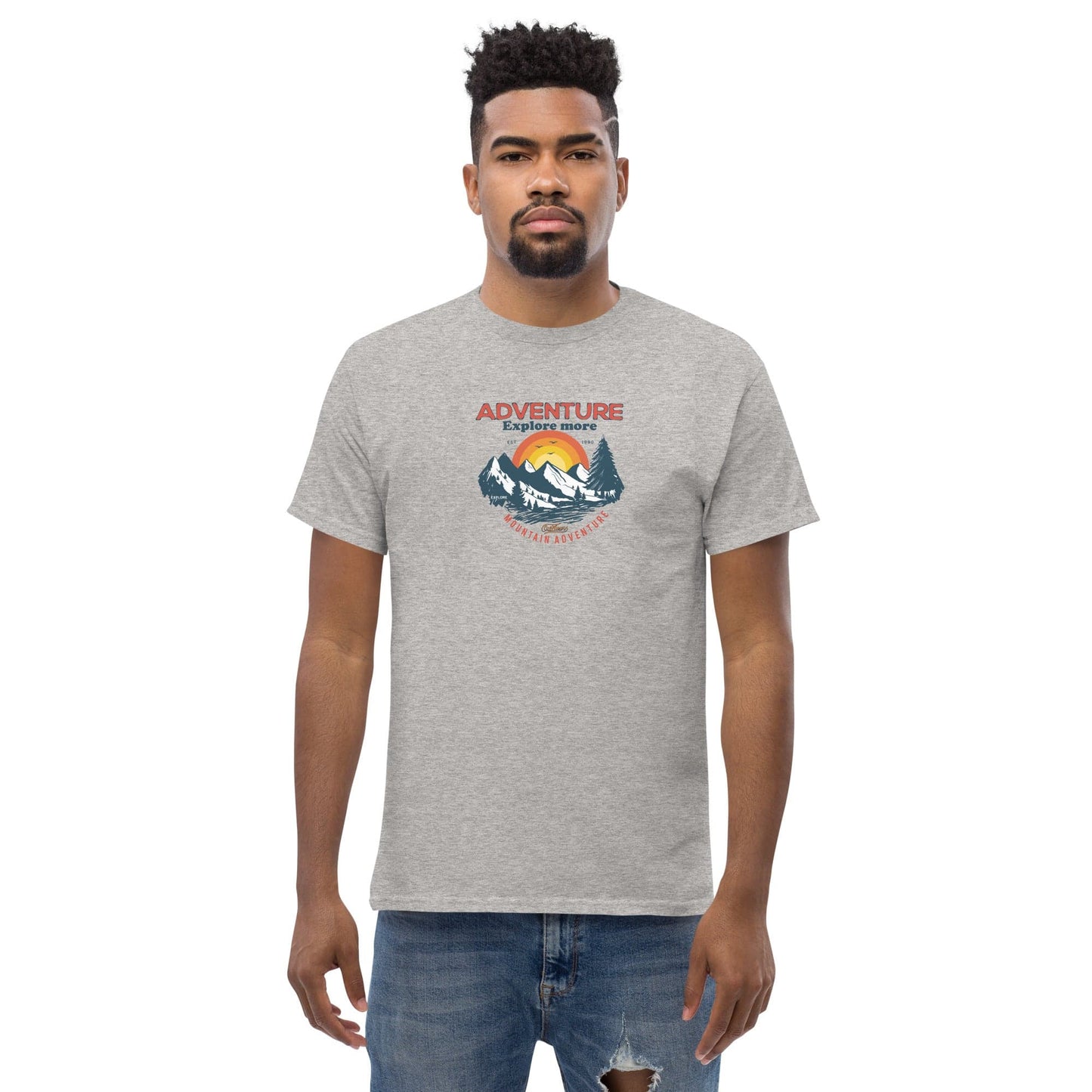 Gray t-shirt with mountain graphic.